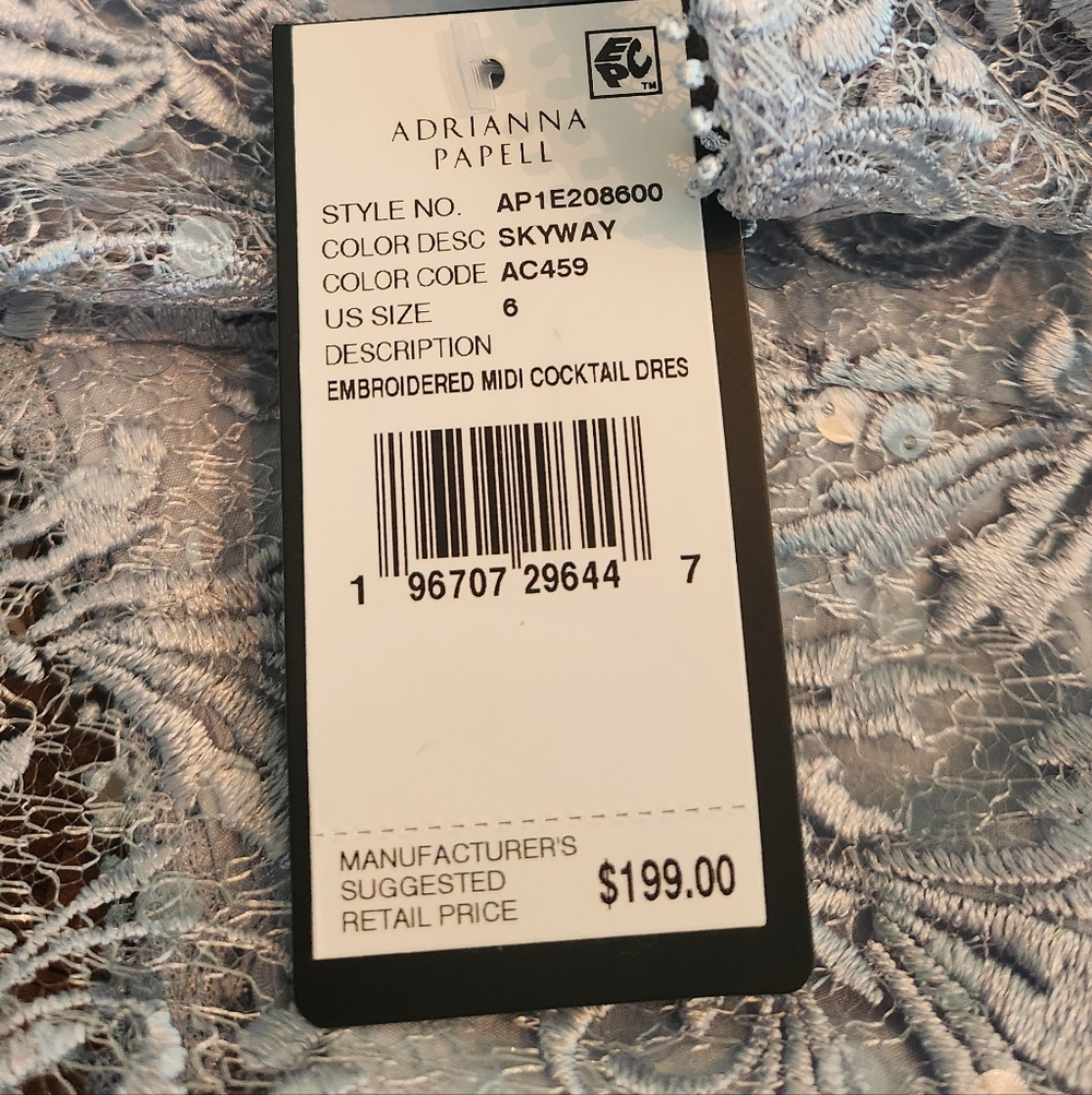 NWT Adrianna Papell Embroidered Lace Midi Cocktail Dress Skyway Blue - 6 - Picture 11 of 13